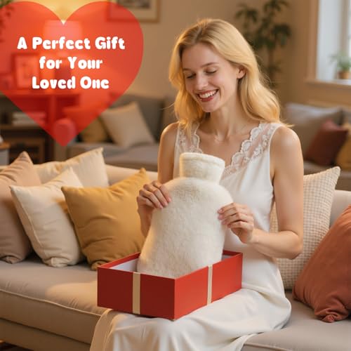 Dawdix 2L Natural Rubber Hot Water Bottle with Cover, Leakproof Design for Hot & Cold Compress, Ideal for Menstrual Cramps/Hand & Feet Warmer/Neck & Shoulder Pain Relief, Ultra-Soft Touch, Cream White