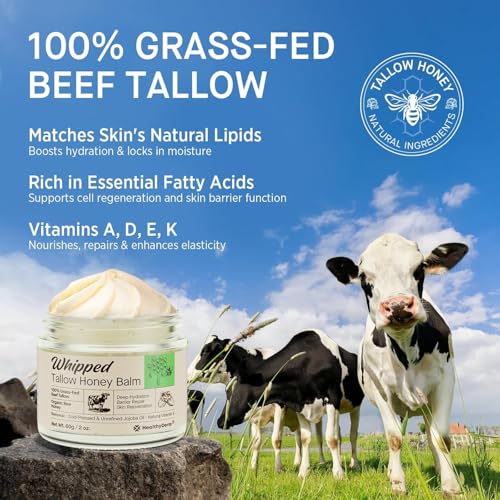 Beef Tallow Honey Balm for Skin: 100% Grass Fed Whipped Organic Moisturizer with Organic Raw Honey, Jojoba Oil, Vitamin E – Natural Face and Body Care for Mature, Dry or Sensitive Skin, 4oz 4 Ounce (Pack of 1)