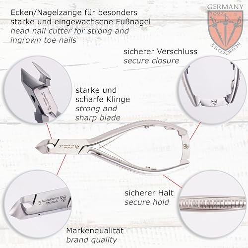 3 Swords Germany - Brand Quality Professional Toe Nail Nipper Clipper Set Stainless Steel Wave Nipper, Head Cutter, Nail File with case for ingrown Toe Nails, Manicure Pedicure by 3 Swords (196) Black - 2 Tools