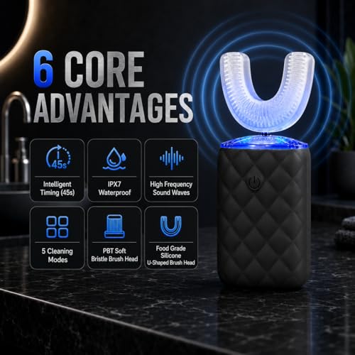 Sonic Automatic U Shaped Electric Toothbrush for Adults - 360° Full Mouth Cleaning, 5 Modes for Whitening & Gum Care, IPX7 Waterproof Rechargeable, Silicone Toothbrush Set Blck