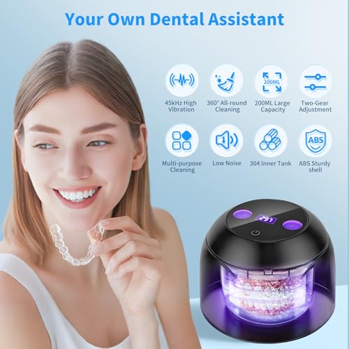 Ultrasonic Retainer Cleaner Machine, 45kHz Dental Ultrasonic Cleaner for Denture, Mouth Guard, Aligner, Braces, Toothbrush Heads, Jewelry, 5 Modes Cleaning, Digital Timer & 200ML Capacity Black