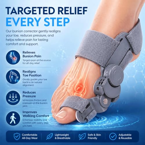 Bunion Corrector for Women & Men, Adjustable Hallux Valgus Splint with Silicone Gel Pad, Big Toe Separator & Alignment Brace, Anti-Slip Heel Strap, Bunion Support for Day & Night Wear