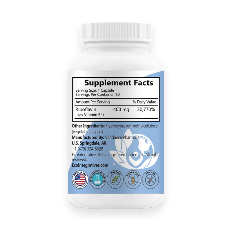 B2-400 Pure Riboflavin 400mg Supplement, 60 Veggie Capsules | for Nervous System Health, Cell Function*, Brain Clarity*, and Energy Metabolism*, Non-GMO Formula, Gluten Free, Dairy Free 60 Count (Pack of 1)