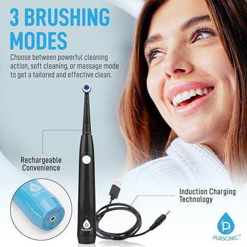 Pursonic Rotating Electric Toothbrush for Adults with 3 Brush Heads - Toothbrush Electric with 3 Cleaning Modes - USB Rechargeable Toothbrush with 2 Minute Smart Timer (White) White