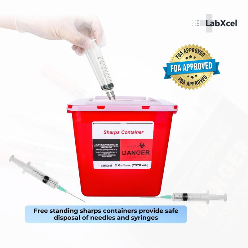Polypropylene 2 Gallons Sharps Container with Cap ‚Äì Needle & Syringe Disposal for Home & Professional Use, Free Standing, Translucent Sliding Lid, PVC-Free Medical Waste Bin ‚Äì Red, 2 Count