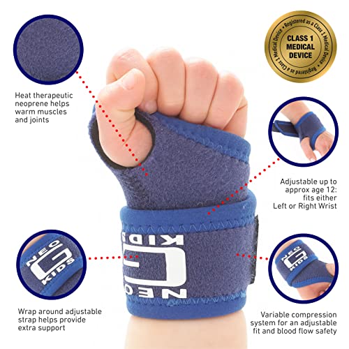 NEO-G Wrist Brace for Kids – Wrist Support For Juvenile Arthritis, Joint Pain, Hand Sprains, Strains from Sports, Gymnastics, Tennis - Adjustable Compression - Class 1 Medical Device – One Size - Blue