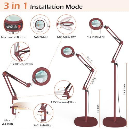 12X Real Glass Magnifying Glass with Light and Stand, LED 5 Color Modes, Stepless Dimmable Magnifying Floor Lamp, 3-in-1 Adjustable Swing Arm Lighted Magnifier Lamp with Clamp for Craft - Red 12X