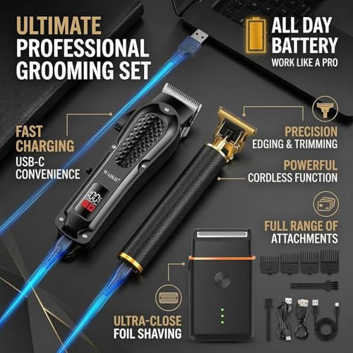 WAIKIL Barber Hair Clippers Kit for Men,Cordless Clippers with T-Blade Trimmer & Shaver,Rechargeable Hair Cutting Set with Guide Combs,Beard Grooming Tools,Black Gold