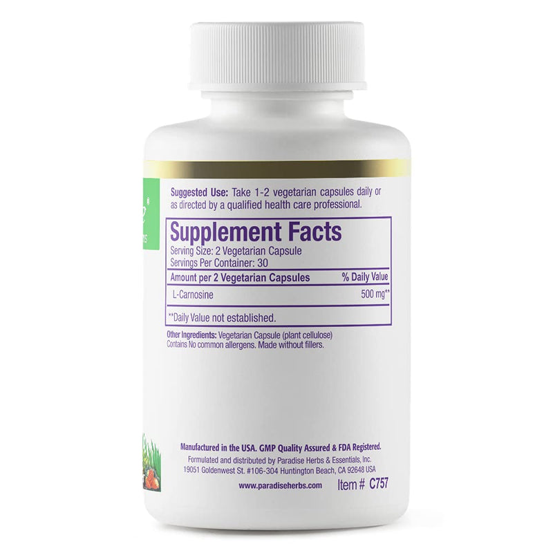 Paradise Herbs L-Carnosine Vegan Non-GMO Gluten Free 60 Capsules | Ultra pure dietary supplement in vegetarian form, daily servings with amino acid support and clean-label formulation