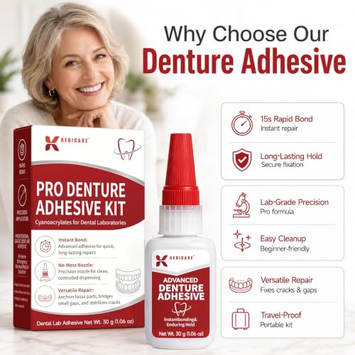 Dental Lab Instant Bonding Dental Glue Kit for Dentures & Lab Tools, Fast-Setting 15-60 Sec Denture Repair Kit, Temporary Adhesive for Fixing Cracks, Gaps & Loose Teeth - 1oz (30g)