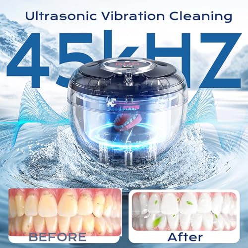 Ultrasonic Retainer Cleaner(2026 Upgraded), 45kHz Cleaning Machine for Dentures, Mouth Guards, Braces, Toothbrush & Jewelry, 200ML Denture Cleaner with 4 Modes for Dental Care Dark Black