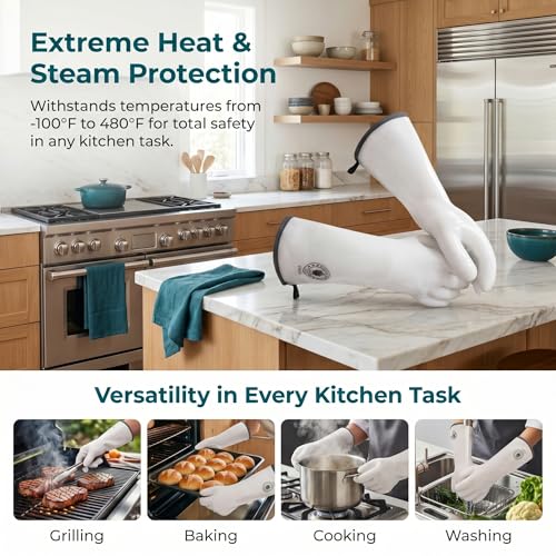Silicone Oven Gloves, Heat Resistant Kitchen Oven Mitts, 1 Pair(8) White Standard 8/M