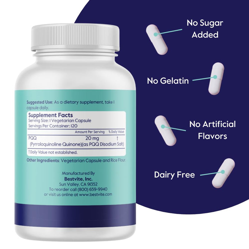 BESTVITE PQQ 20mg (Pyrroloquinoline Quinone) (120 Veg Caps) - No Stearates | Vegan - Non GMO - Gluten Free - Cellular Energy & Brain Support* - Easy to Swallow Capsules