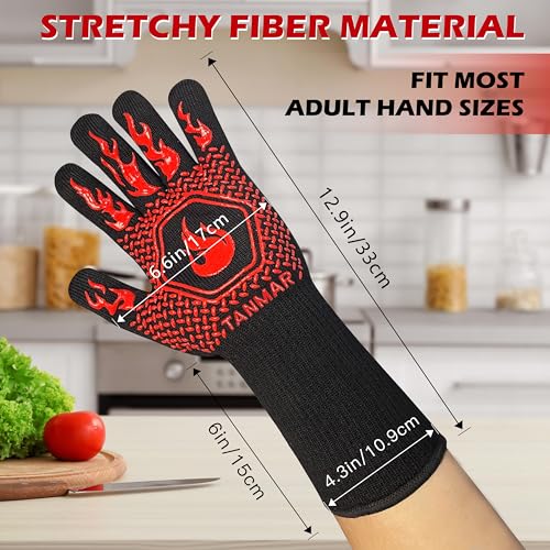BBQ Grill Gloves, 1472°F Extreme Heat Resistant Grilling Gloves Non-Slip Oven Mitts Potholder, Perfect for Barbecue, Cooking, Baking, Fireplace, Smoker - 2 Pair (Red and Black) Flame Red and Black