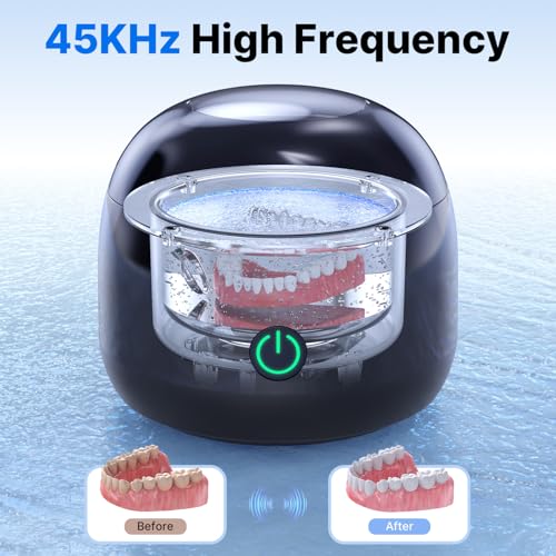 CXRUY Ultrasonic Retainer Cleaner - 45 kHz Dental Cleaning Pod Night Guard Cleaner Machine for Dentures, Toothbrush Heads, Jewelry (Gloss Black) Gloss Black