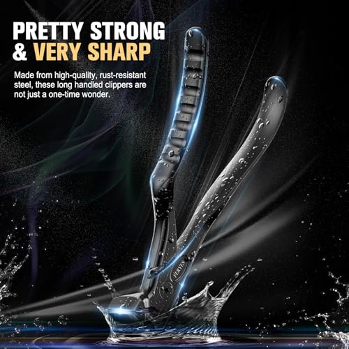 FERYES Ergonomic Non-Slip Long Handle Nail Clippers for Seniors, Unique Angled Head Curve Wide Jaw Opening Toenail Clipper with Catcher for Thick Toenails and Fingernails Black (Large)