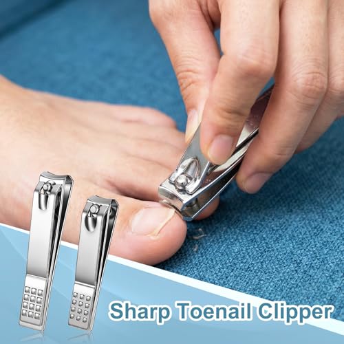 2Pcs Stainless Steel Nail Clippers, 2 Size Heavy Duty Ultra Sharp Straight Nail Clipper Travel Nails Cutters with Anti-Slip Grip for Thick Ingrown Nails, Silver