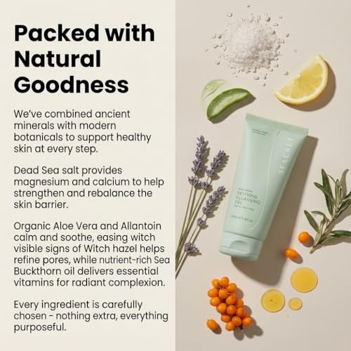 SEACRET Dead Sea Reviving Cleansing Gel - Gentle Facial Cleanser with Fruit AHAs & Minerals, Hydrating Foaming Face Wash, Naturally Scented with Lavender & Sage, All Skin Types, 3.4 Fl Oz / 100 ml