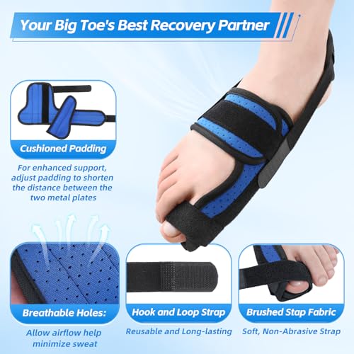 Big Toe Brace Splint for Broken, Turf Toe, Fracture, Arthritis, Sprains, Support for Women & Men, with 2 Removable Metal Plates - Blue Left