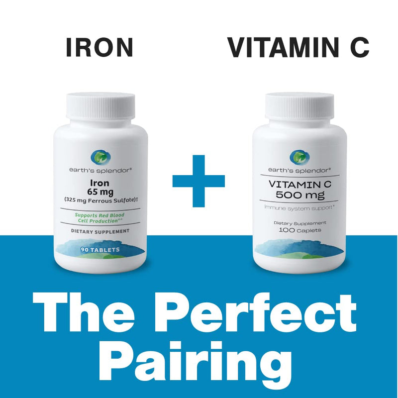 Earth's Splendor Iron 65mg USP Ferrous Sulfate 325mg Tablets 90 Count | Supports Energy Production Oxygen Transportation Healthy Blood Daily Supplement Three Month Supply 90 Tablets Iron 65 mg