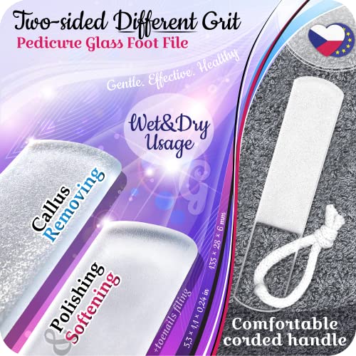 GLADZY Czech Glass Foot File Callus Remover – Double Sided Etched, Different Grit Coarse & Fine Surfaces for Hard Skin & Cracked Heels, Professional Pedicure Tool, Washable Reusable, Made in EU Medium