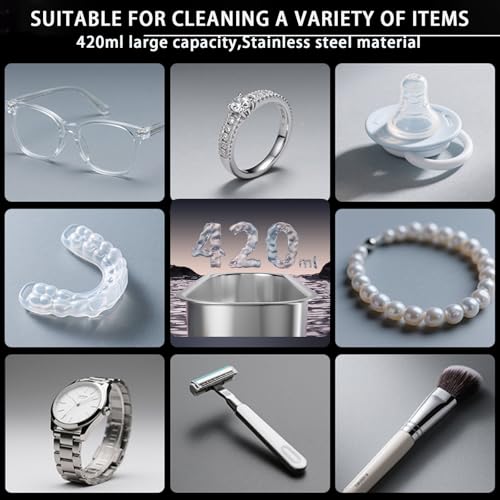 Ultrasonic Retainer Cleaner Machine, 48kHz 420ML Jewelry Cleaner with Purple lamp care & Mirror, 3 Modes for Toothbrush Heads,Dentures, Eyeglasses, Ornament, Efficient 360° Deep Cleaning (White) White