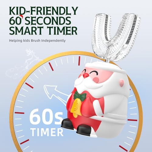 Kids U-Shaped Electric Toothbrush with 4 Brush Heads, Sonic Toothbrush Kids with 5 Modes & 60s Timer, Cartoon Santa Claus 360-Degree Cleaning, IP64 Waterproof & Dustproof (Ages 2-6)