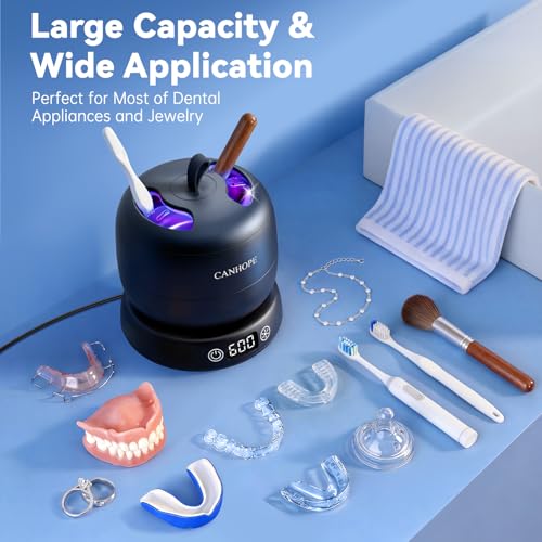 Ultrasonic Retainer Cleaner Machine, 42kHz Dental Cleaning Pod for Dentures, Aligners, Mouth Guards, Jewelry - IPX7 Waterproof Durable Removable Base and Top Cover, 3 Timer Settings (MatteBlack)