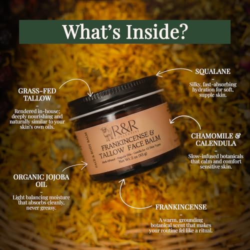 R&R Collective Frankincense Tallow Face Moisturizer – 100% Grass-Fed Whipped Beef Tallow Balm for Dry, Sensitive Skin, Eczema & Psoriasis – Handmade Natural Skincare – 2 oz