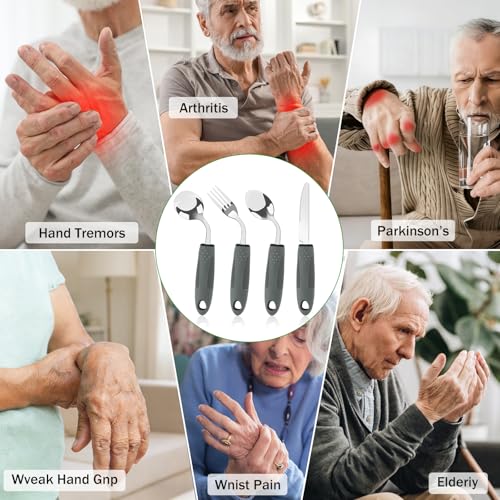 KintKita Adaptive Utensils for Elderly 4 Piece, 2.9 oz Weighted Silverware for Hand Tremors, 45°Angled Parkinsons Utensils for Elderly, Arthritis, Weak Hand Grip, Right-Handed Use