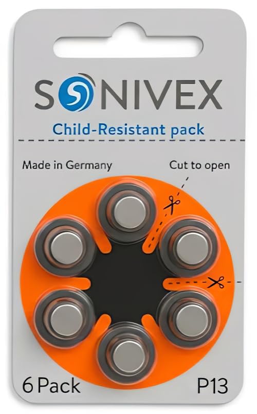 SONIVEX® Hearing Aid Batteries Size 13, PR48, Zinc-Air, Mercury Free, Made in Germany, 60 Count (10 Packs of 6) Size 13 Hearing Aid Batteries