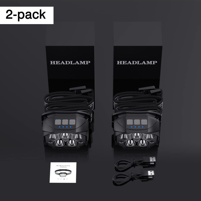 Headlamp Rechargeable, 2 Pack Head Lamp, 1200 Lumen Super Bright Motion Sensor LED Headlamps, Waterproof Head Flashlights with White Red Light, 12 Modes Headlamp Flashlight for Camping Cycling Running