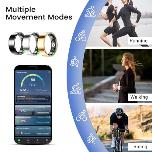 Mirlray Smart Ring for Women & Men, Smart Ring Health Tracker, Blood Oxygen & Heart Rate Monitor, Long Lasting Battery Sleep Ring, Waterproof Fitness Ring (R02C, Black, 7)