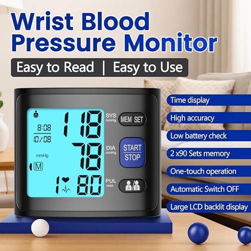 GUAEVER Wrist Blood Pressure Monitor with Backlit LCD Display, FDA Cleared
