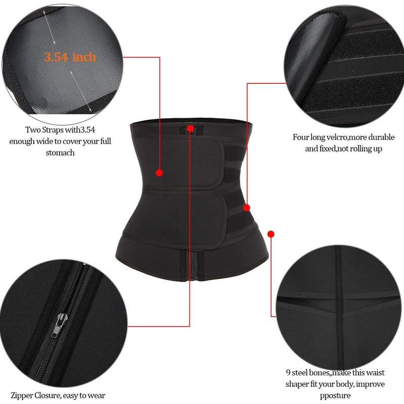 SHAPERIN Double Belt Waist Trainer for Women Neoprene Sweat Fitness Waist Cincher Body Shaper for Weight Loss Medium Black