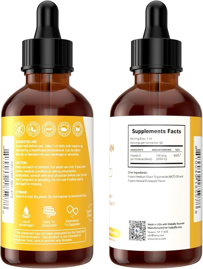 Heivy Liquid Vitamin D Drops 4000 IU (100 mcg), Vitamin D3 for Bone Health Support, Pineapple Flavor Vegan VIT D3 Drops, Made in USA, 60 Servings 2 Fl Oz (60ml)