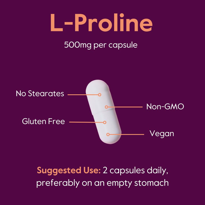BESTVITE L-Proline 500mg (120 Veg Caps) - No Stearates - No Fillers - Vegan | Gluten Free - Non GMO - Collagen Production & Skin Support* - Amino Acid Supplement 1 Count (Pack of 120)