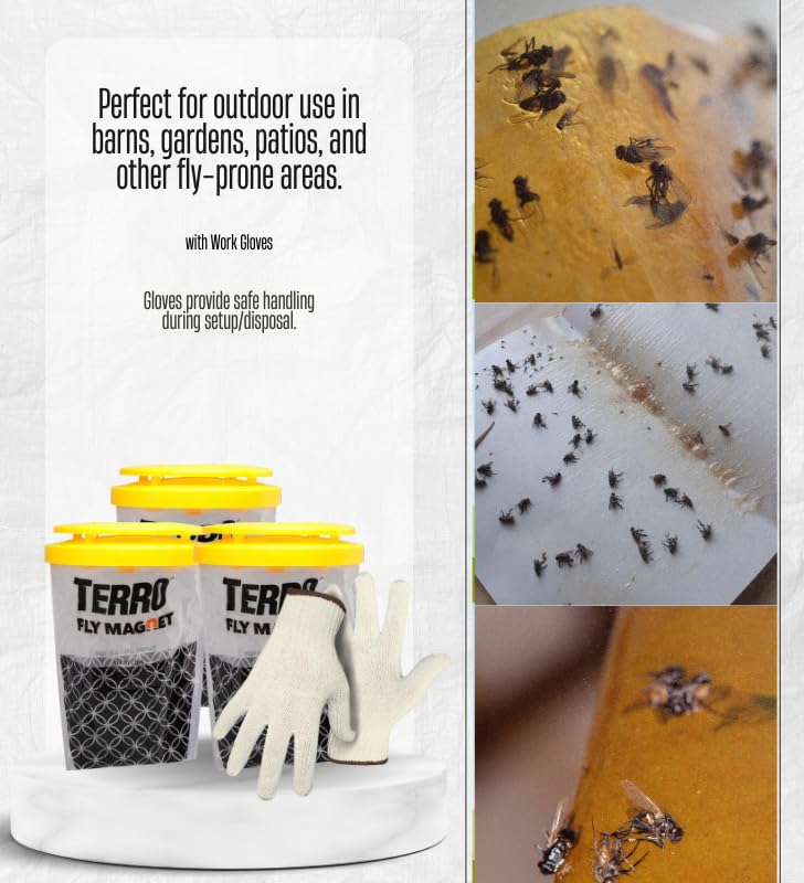 3X TERRO Fly Magnet Disposable Fly Trap 1 pk Bundle with Work Gloves – Outdoor Trap attracts and captures Common Flies; Simple Setup with no-Mess Disposal After use – Gift Set (4 Items)