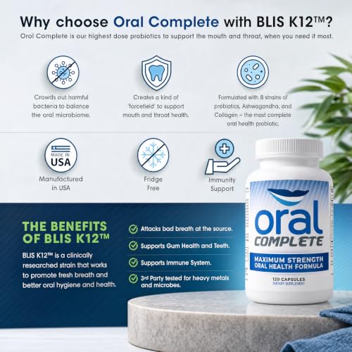 Oral Complete 11-in-1 Dental Probiotics, Bad Breath Treatment Halitosis Tonsil Stone with Non-GMO with BLIS K12, Ashwagandha and Collagen, 120 Capsules 120 Count (Pack of 1)