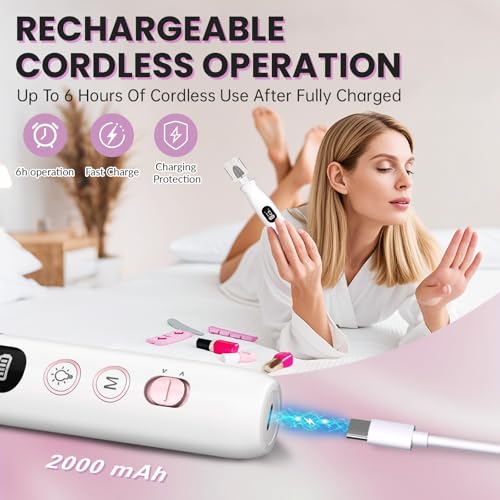 Electric Nail Drill Cordless 2000 mAh Rechargeable Portable Nail File Drill White