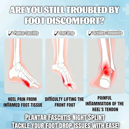 Plantar Fasciitis Night Splint with 28in Elastic Compression Strap, Adjustable Foot Brace, Built-in Aluminum Bar, Cushioned Open Heel Support for Sleeping