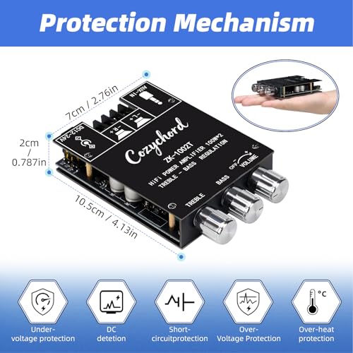 ZK-1002T Bluetooth 5.0 Stereo Amplifier Board, 200W HiFi 2.0 Channel Mini Audio Amp Module with Treble & Bass Control, AUX Input, DC 12V-24V for DIY Speakers,Home Audio ZK-1002T