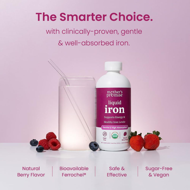 Organic Liquid Iron Supplement for Women, Men & Kids with Vitamin C | Sugar Free Natural Berry Flavor Non Constipating Vegan Ferrochel¬Æ Iron Supplements for Healthy Blood, Prenatal & Postnatal
