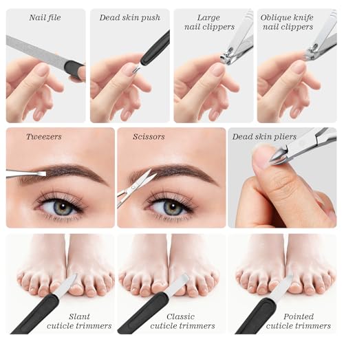 10 in 1 Manicure Pedicure Kit Carbon Steel Nail Clippers & Stainless Steel Grooming Tools, Portable Marble PU Leather Zipper Nail Care Set, Gift for Men Women,Gray Gray