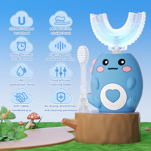 Kids U Shaped Electric Toothbrush, with 3 Cleaning Modes, with 4 Brush Heads, 360° Sonic Automatic Toothbrush, IPX7 Waterproof Cartoon Dinosaur Design (Ages 2-12) Dark Blue+c