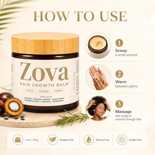 Zova Hair Growth Balm – Batana, Castor, Argan & Rosemary Oil Blend for Thicker, Stronger Hair – Deep Scalp Nourishing Hair Treatment for Men & Women – Natural Hair Repair & Moisturizing Balm 4 oz