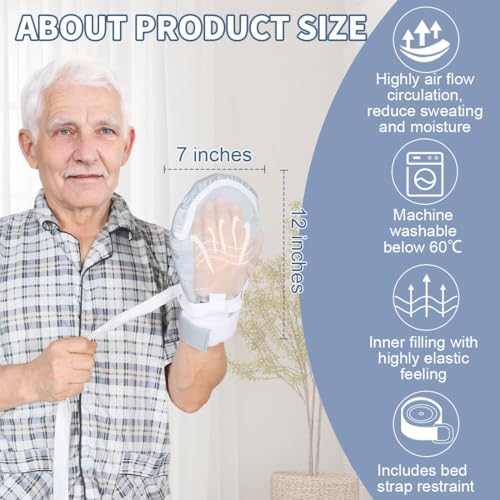 Dementia Restraint Gloves-2Pcs,Anti Scratch Gloves to Prevent Scratching Harm,Bed Restraints Control Mitts for Dementia Patients/Elderly/Alzheimer's (GrayBlue-Transparent Mesh) GrayBlue-Transparent Mesh