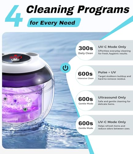 Ultrasonic Retainer Cleaner Machine, 45kHz Deep Gentle Dental Cleaning Pod with 304 Stainless Steel Tank, 4 Cleaning Modes for Aligners, Dentures, Mouth Guards, Night Guards, Toothbrush Heads White