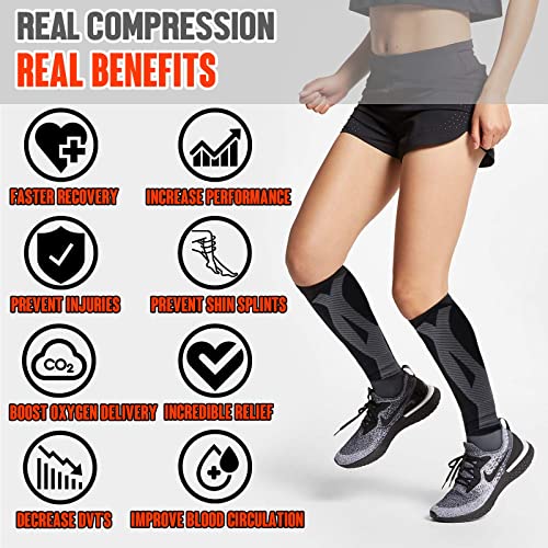 BLITZU 3 Pairs Calf Compression Sleeves for Women and Men Size XXL, One Orange, Black, White Calf Sleeve, Leg Compression Sleeve for Calf Pain and Shin Splints. Footless Compression Socks.