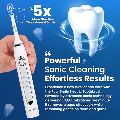 Soft Bristle Electric Toothbrush, Rechargeable with Wireless Charging by Puur Smile - 2 (Blue led) Brush Heads for Adults | 4 Cleaning Modes with Smart Timer, IPX7 Waterproof, Long-Lasting Battery